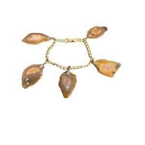 Vintage Agate Stone Slab Charm Bracelet Gold Tone Chain Fold Over Clasp 6.75"